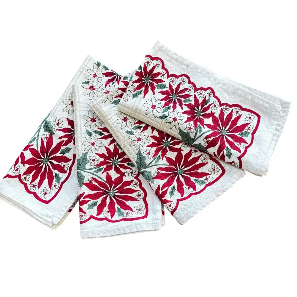 Christmas holiday cotton cloth napkins set of 4 red poinsettias white & green